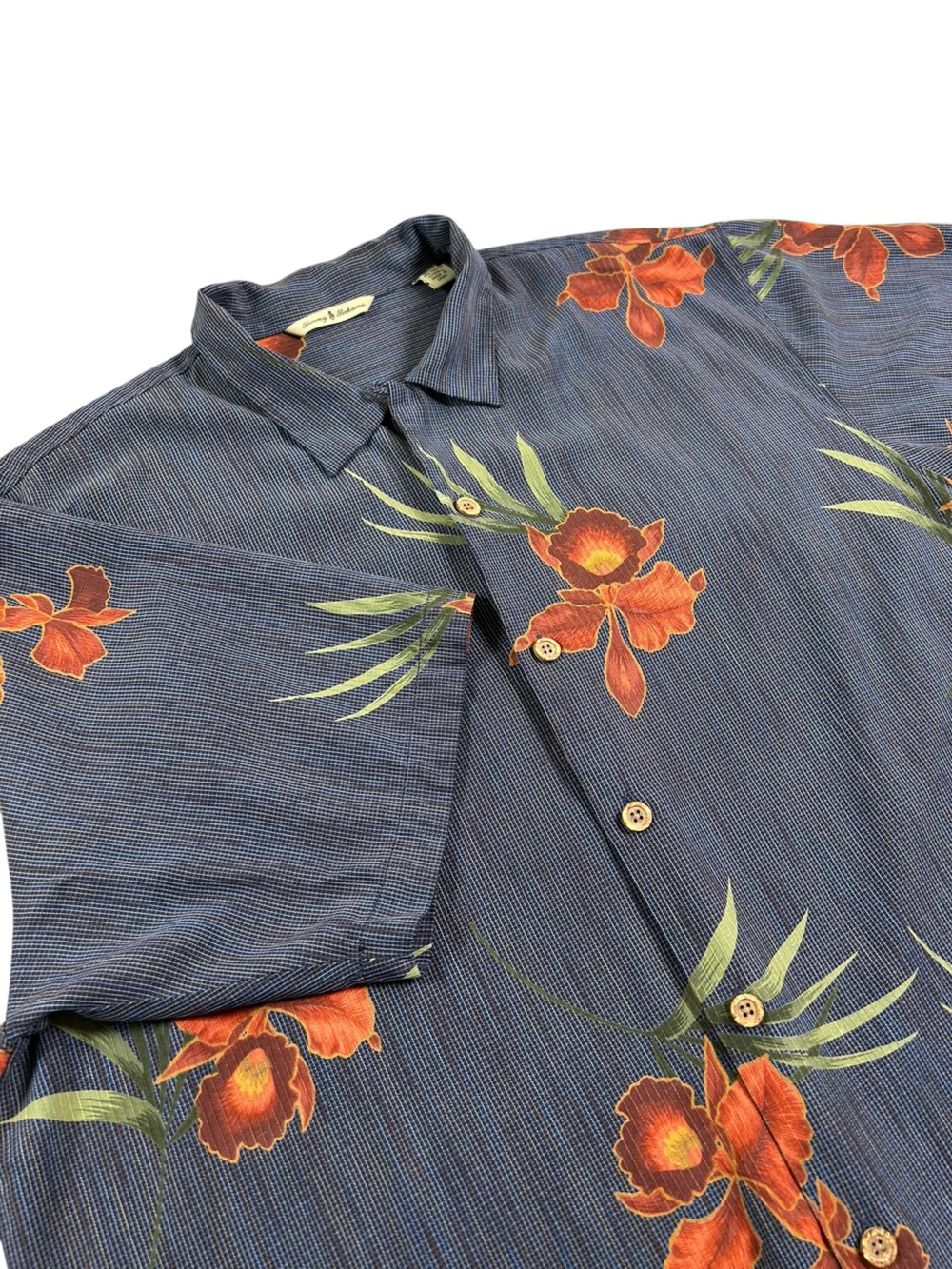 TOMMY BAHAMA Men’s L Navy Orange Floral Silk Tencel Camp Shirt